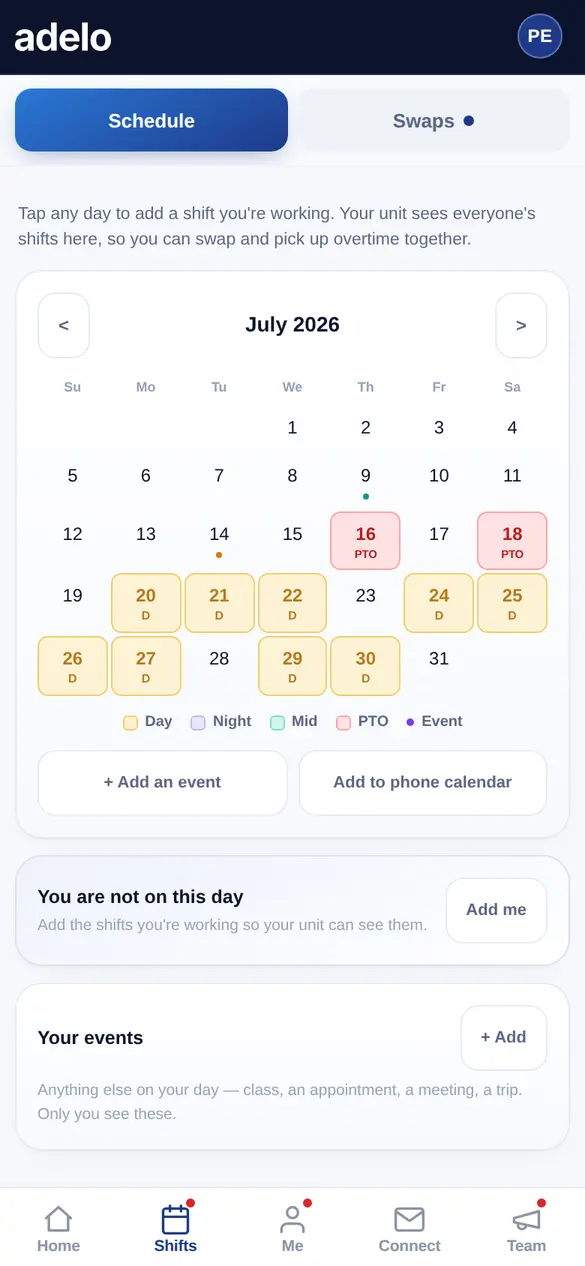 Add your shifts — Adelo