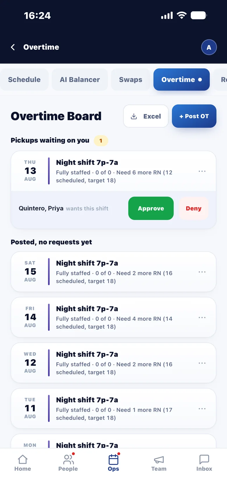 Posting an open shift and approving the pickup — the same board on a phone or a browser